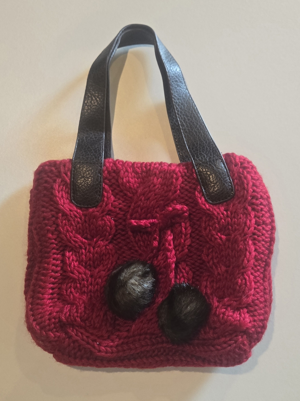 Bath & Body Works Red Knit Pom-Pom Tote Bag with Brown Handles